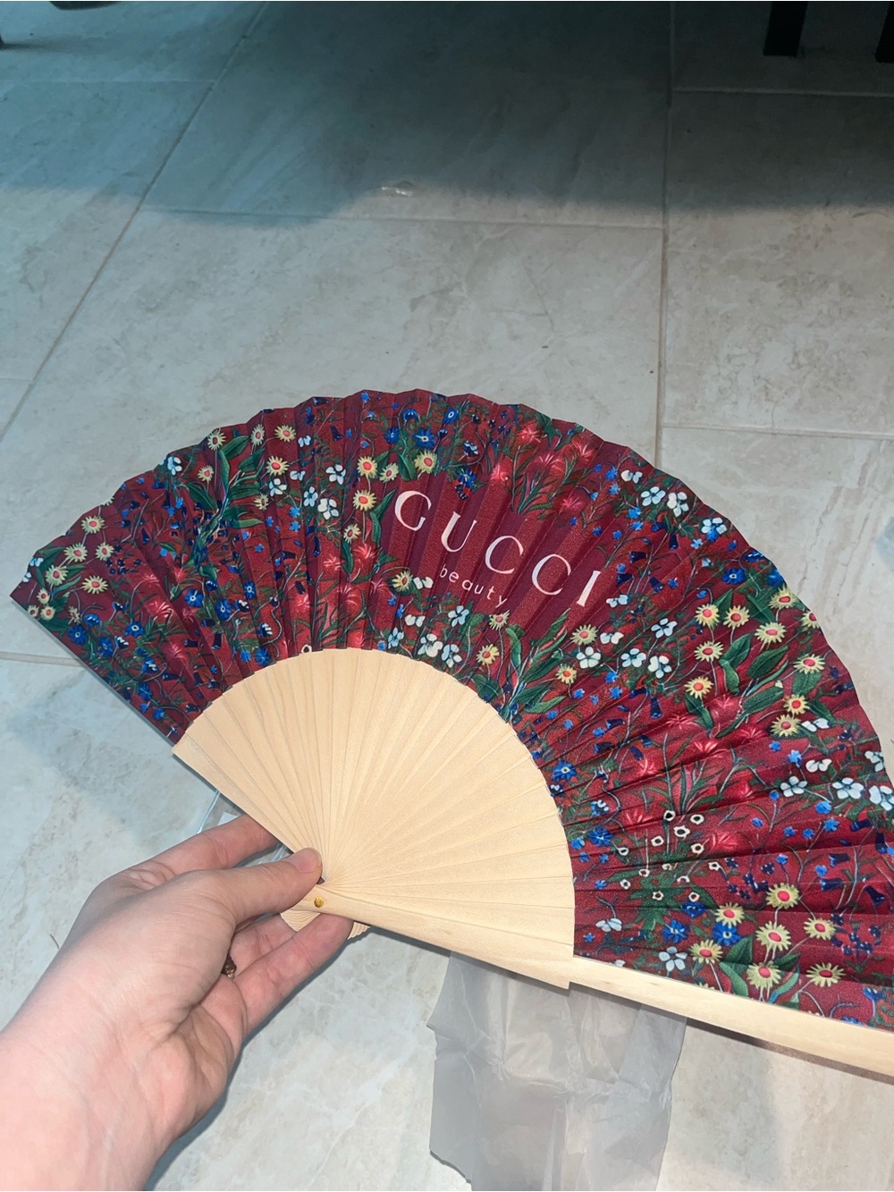 Gucci Red Floral Folding Hand Fan with Beige Frame
